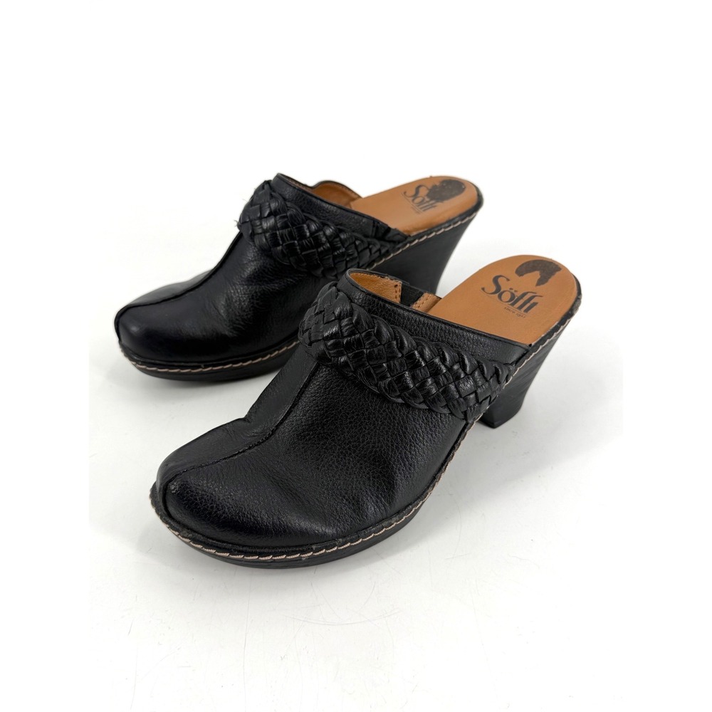 Sofft Leather Mules Women 7M Black Woven Block Heel Clogs Boho